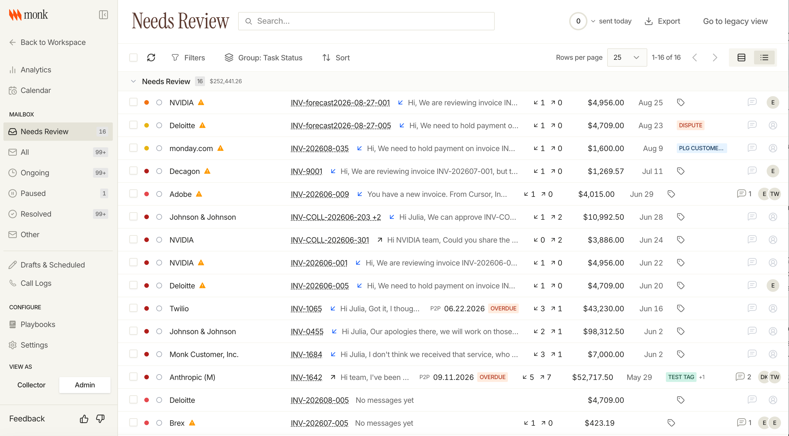 The rebuilt collections workspace showing the Needs Review queue