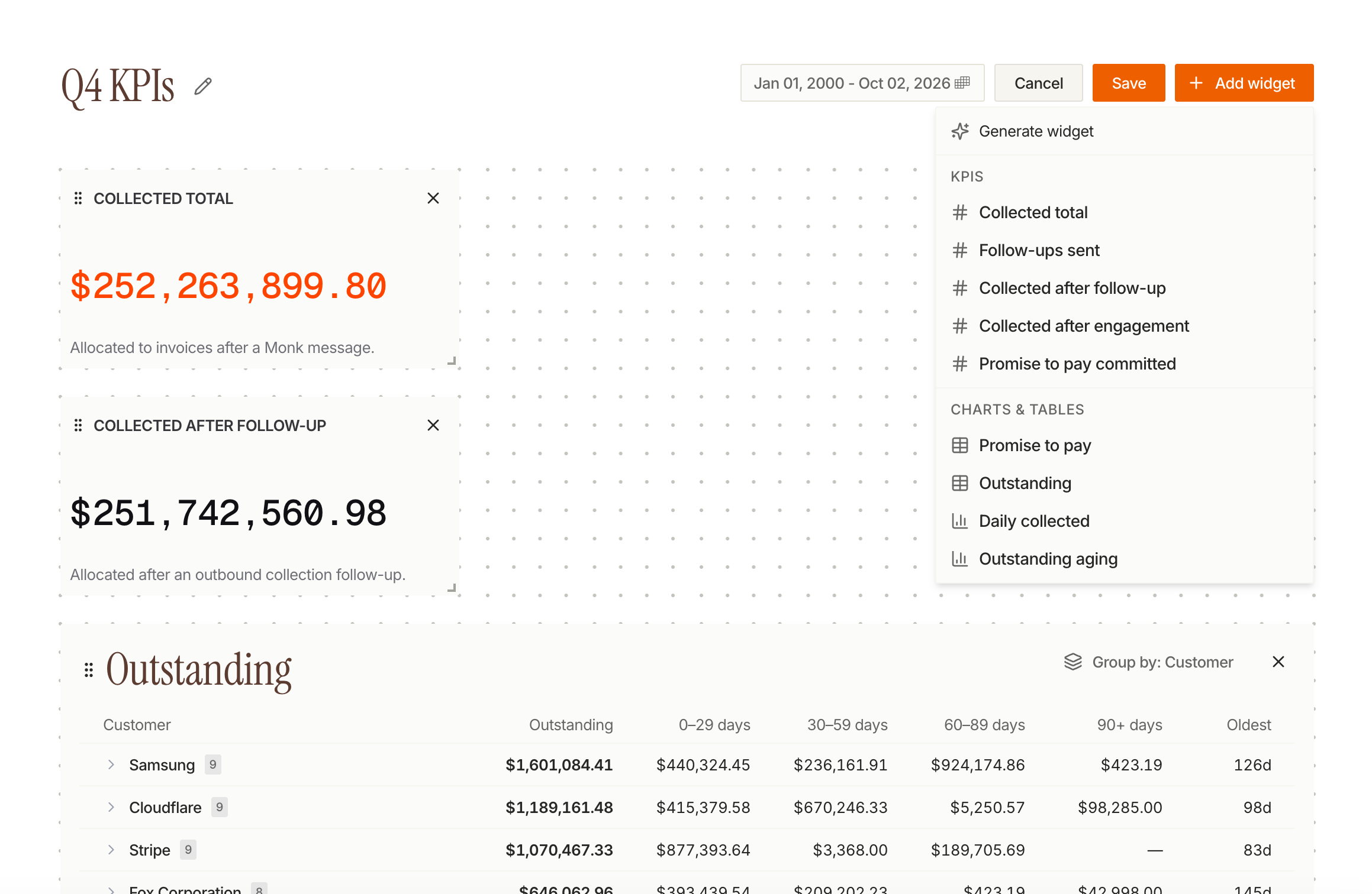 A dashboard being edited with the widget catalog open