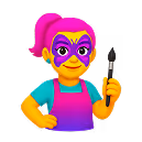 Cartoon woman in a superhero mask and apron holding paintbrushes confidently.