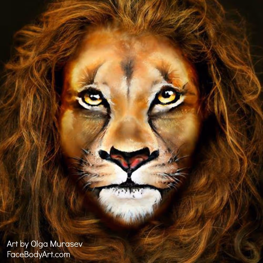 Close-up of a face painted to look like a lion with detailed mane and intense yellow eyes.