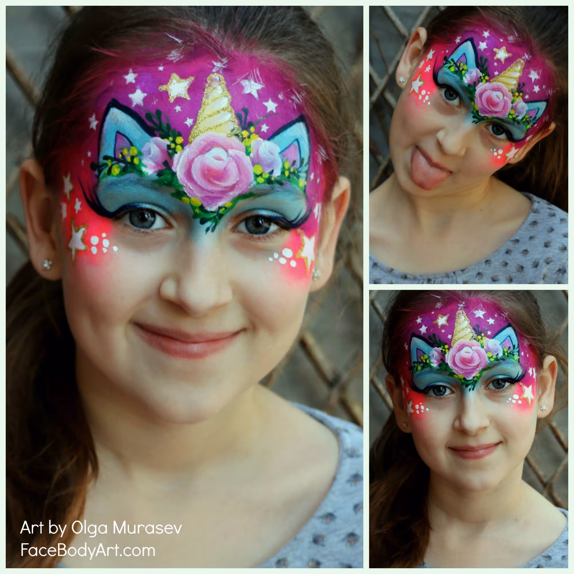 Girl with pink unicorn face paint featuring a gold horn, flowers, stars, and cat ears.