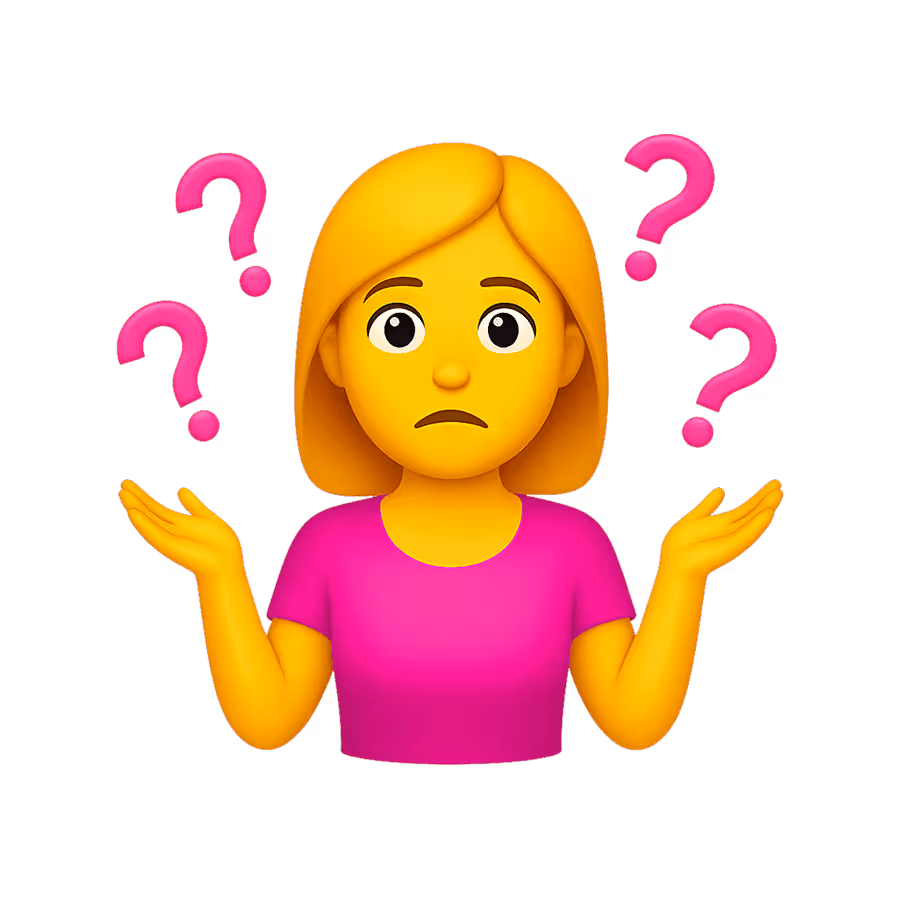 Emoji of a woman in a pink shirt shrugging with four pink question marks around her, expressing confusion.