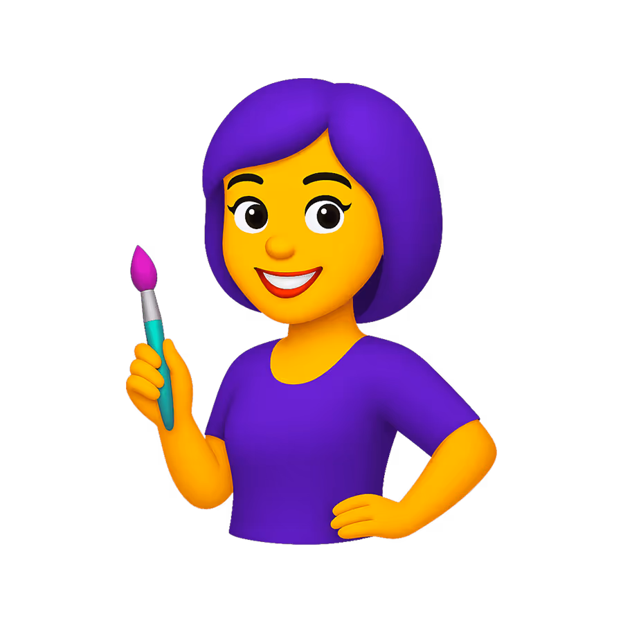 Smiling person with purple hair and shirt holding a paintbrush with purple paint.