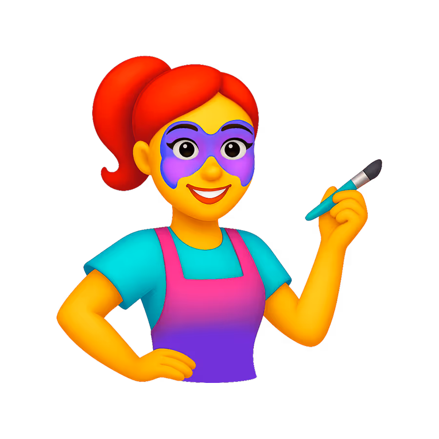 Woman with red hair, wearing a purple apron and blue shirt, holding a paintbrush and smiling.