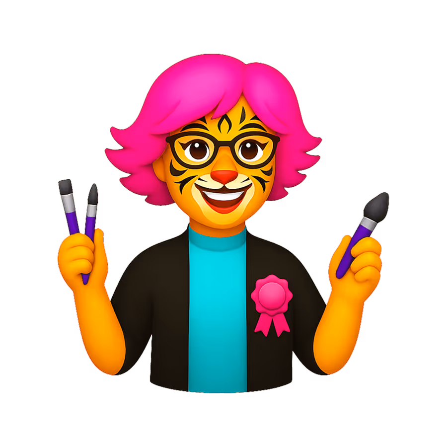 Smiling cartoon tiger-faced character with pink hair, glasses, and paintbrushes in both hands.