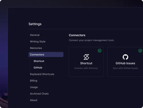 Korey connectors to Shortcut and GitHub.