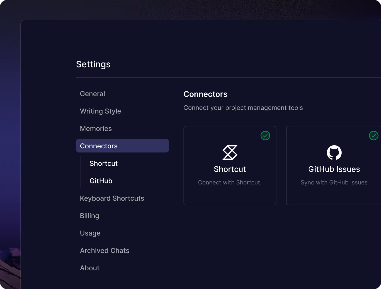 Korey connectors to Shortcut and GitHub.