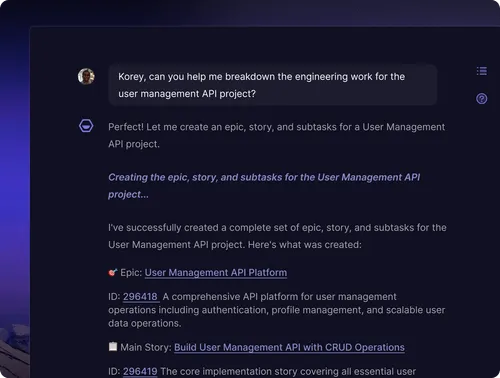 Korey dialog providing a status update