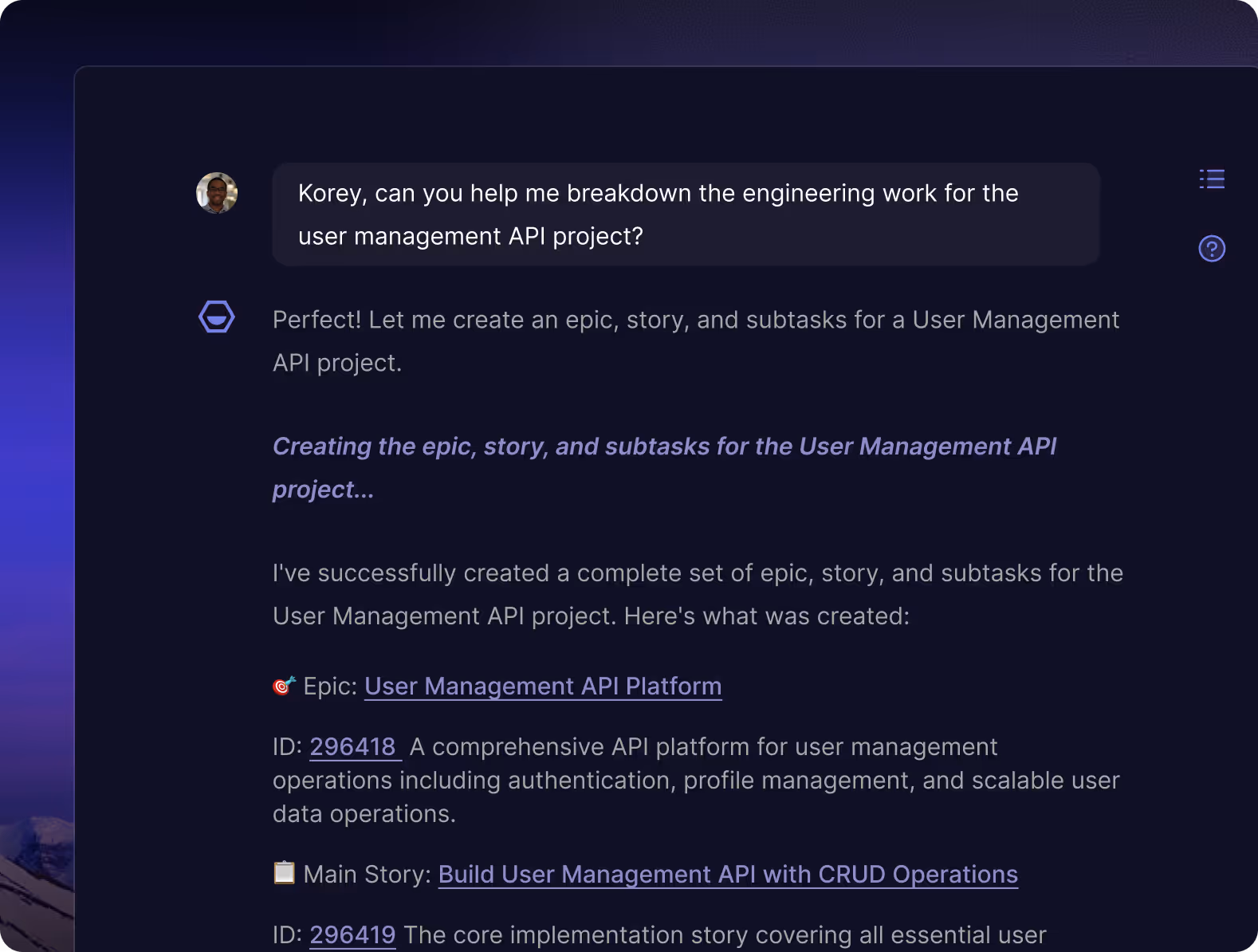 Korey dialog providing a status update