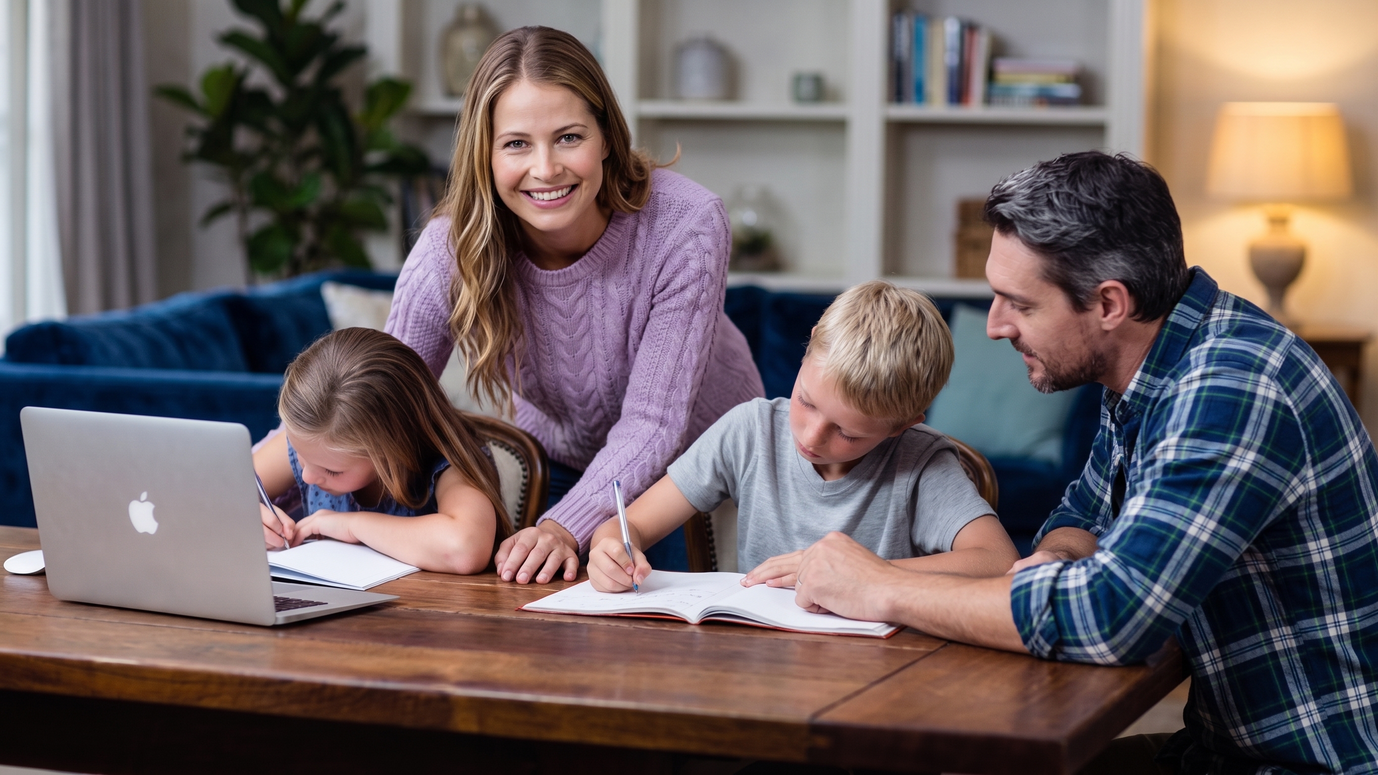 Des parents et leurs enfants heureux autour des devoirs