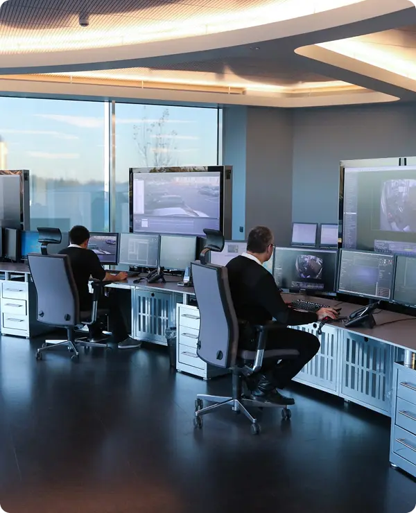 Due operatori in una sala di controllo moderna con più monitor di sorveglianza e ampie finestre panoramiche.