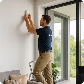 Tecnico installa un rilevatore di fumo sopra un divano in una stanza luminosa con grandi finestre.