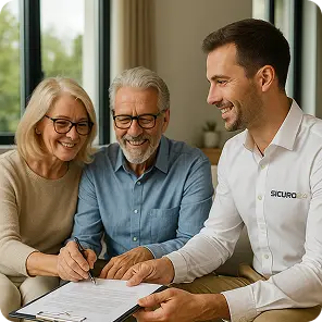 Agente assicurativo con camicia bianca che discute e firma documenti con una coppia anziana sorridente in una casa luminosa.