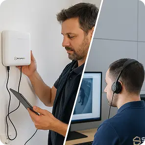 Uomo con tablet verifica un dispositivo montato a parete a sinistra, uomo con cuffie guarda uno schermo a destra.