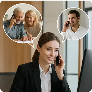 Donna d'affari sorridente al telefono con due persone in fumetti sopra di lei, un uomo e una donna anziani e un giovane uomo.