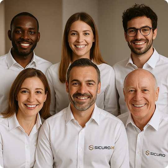 Gruppo eterogeneo di sei persone sorridenti in camicie bianche con logo Sicuro24, ritratto da vicino.