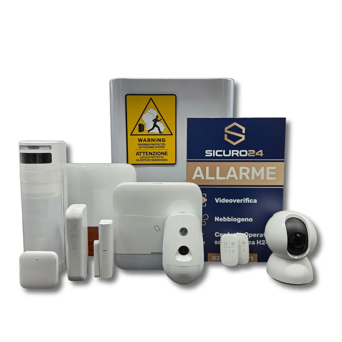 Kit completo per sistema di allarme con vari sensori, telecamera, telecomandi e segnaletica di avviso per sistema nebbiogeno Sicuro24.