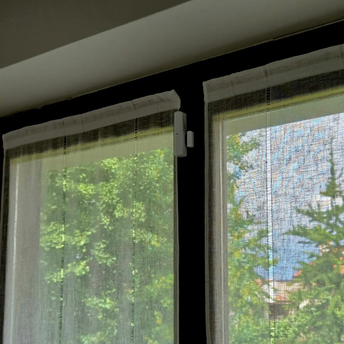 Finestre con tende leggere bianche e sensore di sicurezza montato sul telaio in legno scuro, con vista su alberi e cielo sereno.