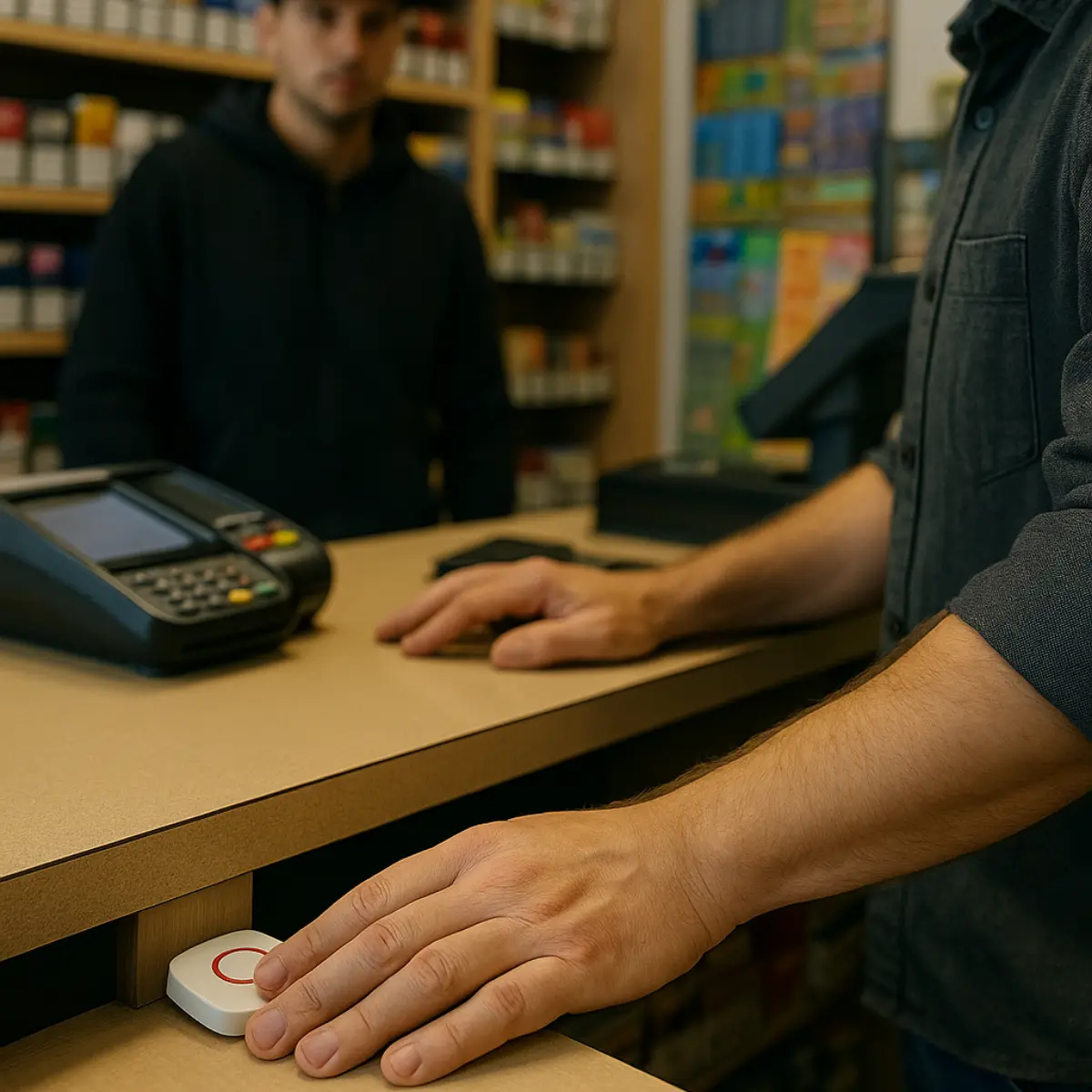 Persona che preme un campanello bianco con un cerchio rosso sul bancone di un negozio, con un cassiere sullo sfondo.