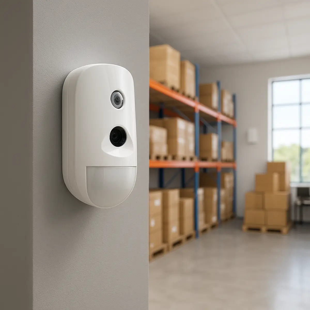 Sensore di sicurezza bianco montato su una parete in un magazzino con scatole su scaffali in background.