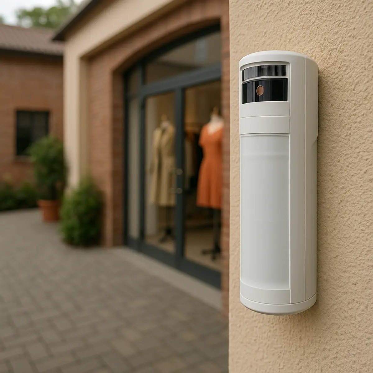 Sensore di movimento bianco montato su parete esterna vicino a un ingresso di un negozio con abiti su manichini visibili all'interno.