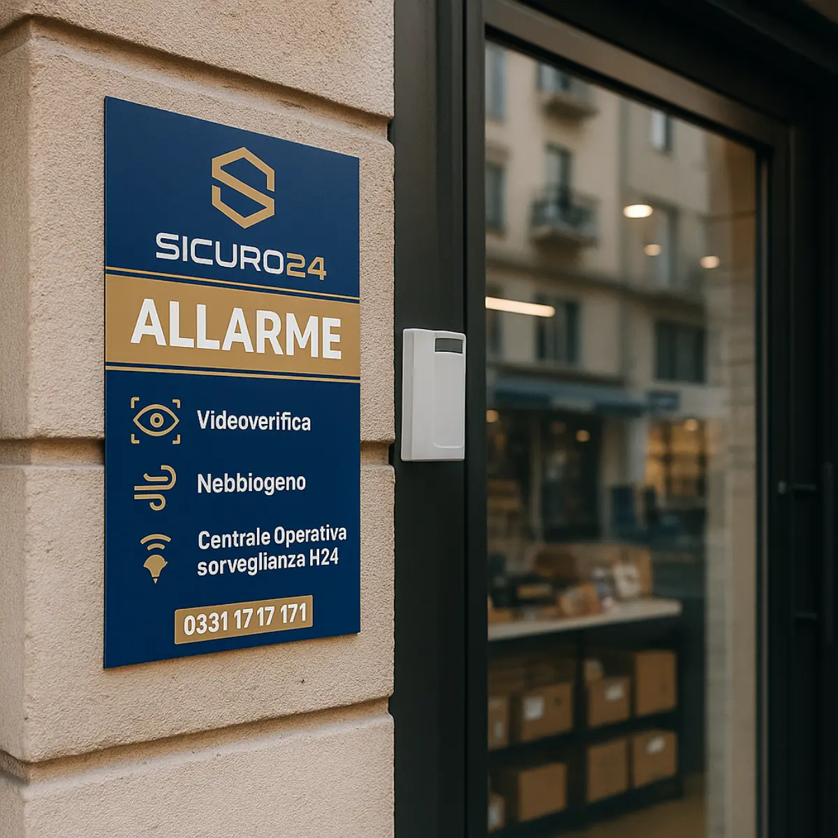 Cartello di allarme Sicuro24 con videoverifica, nebbiogeno e sorveglianza H24 vicino all'ingresso di un edificio.