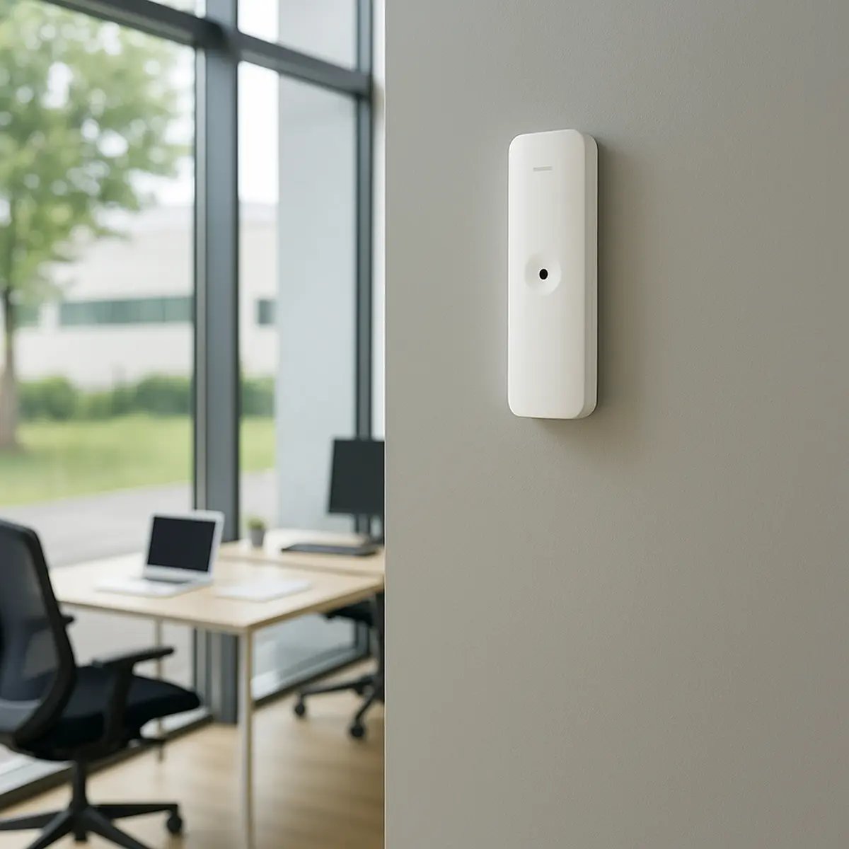 Dispositivo bianco montato su parete grigia in ufficio moderno con scrivanie e sedie da lavoro.