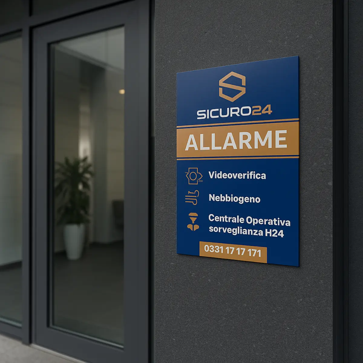 Cartello di allarme Sicuro24 con servizi di videoverifica, nebbiogeno e centrale operativa di sorveglianza H24 con numero di telefono.