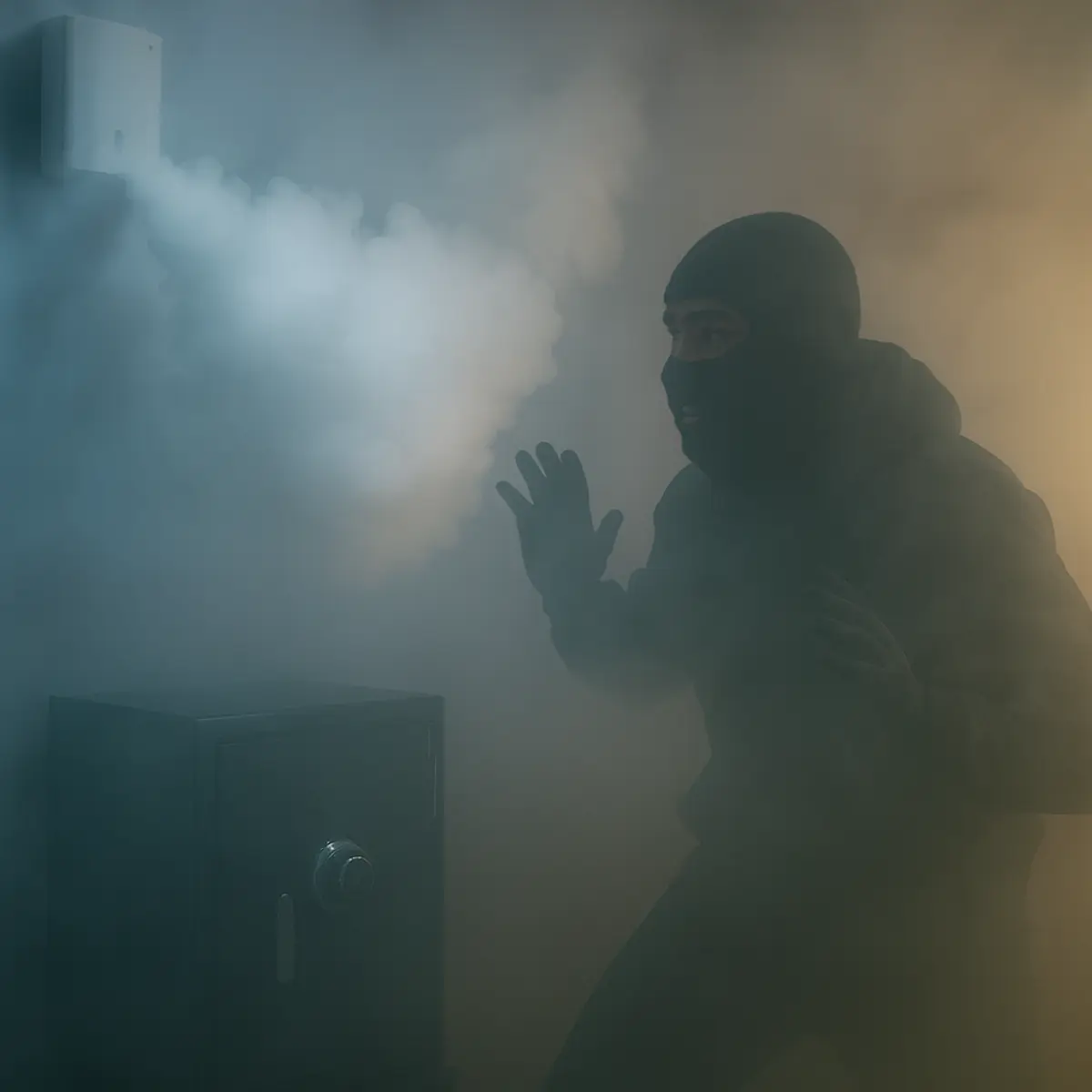 Uomo con passamontagna in una stanza piena di fumo bianco vicino a una cassaforte.