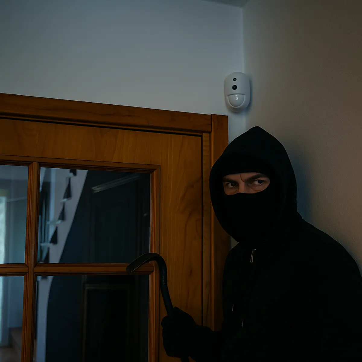 Persona incappucciata con passamontagna e guanti neri che tiene un piede di porco vicino a una porta di legno, sotto un sensore di movimento.