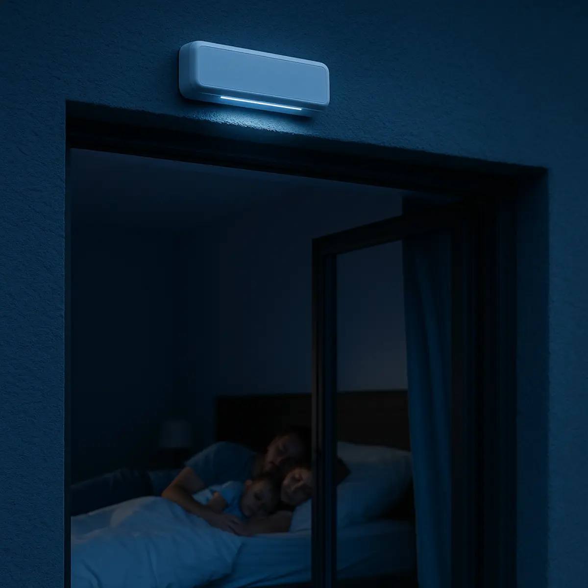 Famiglia che dorme abbracciata su un letto con una luce notturna esterna accesa sopra la porta della camera da letto aperta.