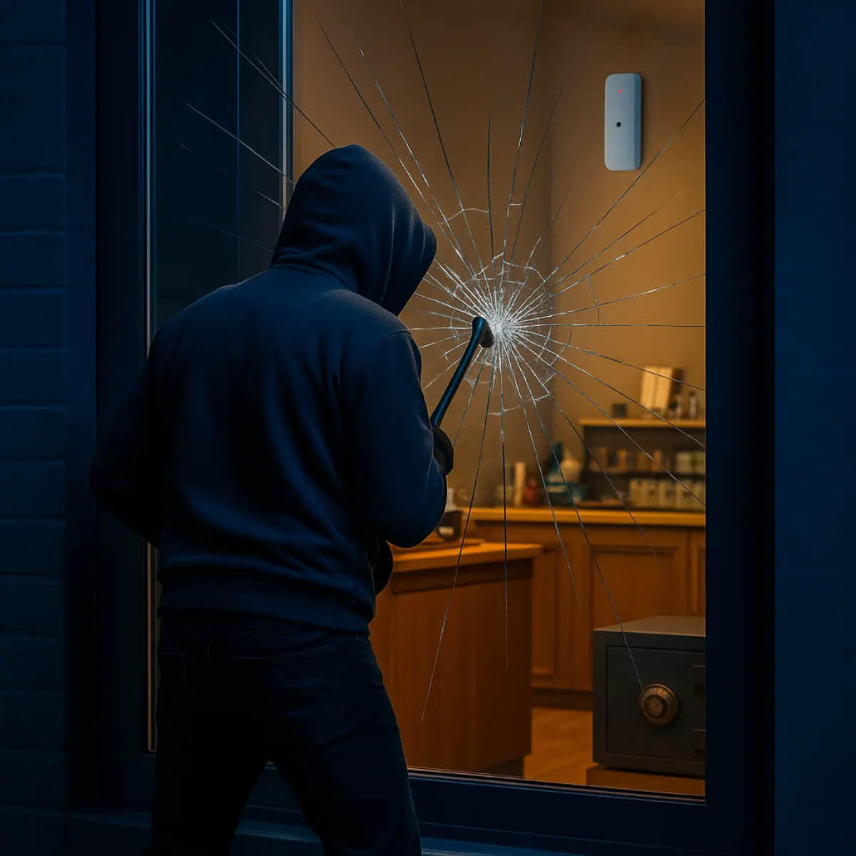 Persona con cappuccio e bastone mentre sfonda una finestra di un edificio di notte.