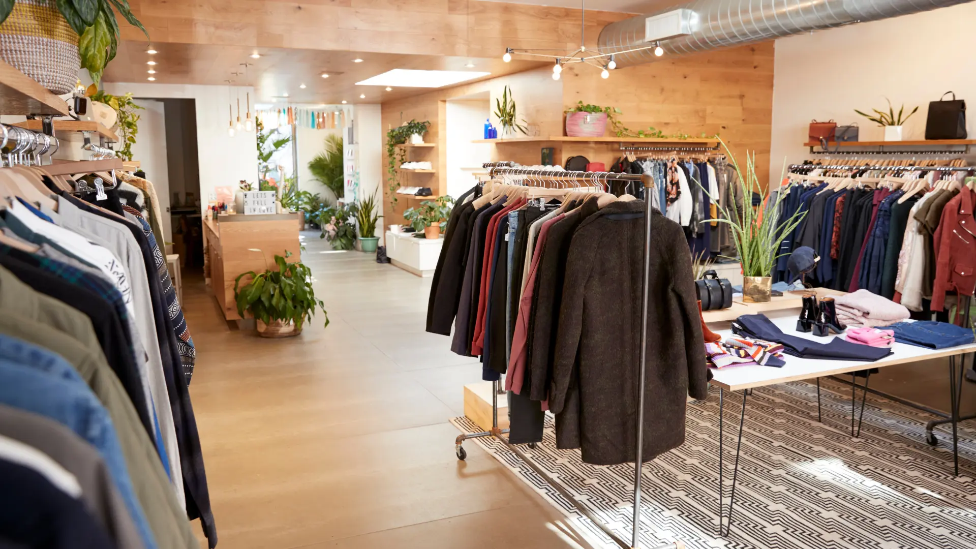 Interno di un negozio di abbigliamento moderno con giacche e abiti su grucce, piante decorative e tavolo con vestiti piegati.