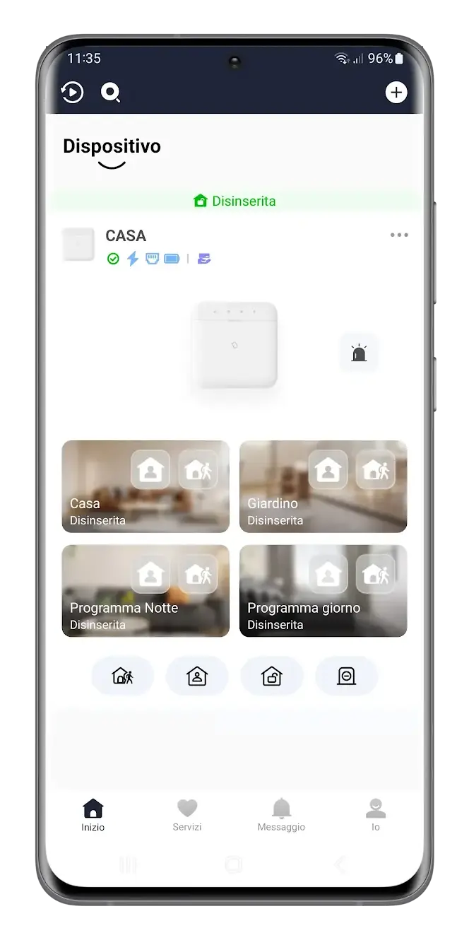 Schermata di un'app di sicurezza domestica COVID19 con dispositivo denominato CASA disinserito, mostra programmi Casa, Giardino, Programma Notte e Programma giorno tutti disinseriti.