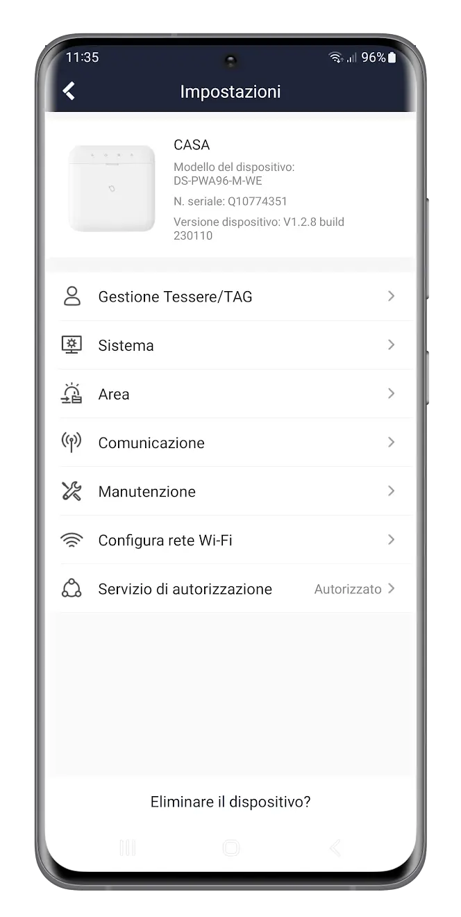 Schermata impostazioni dispositivo con informazioni modello e opzioni come Gestione Tessere, Sistema, Area, Comunicazione, Manutenzione, Configura rete Wi-Fi e Servizio di autorizzazione.