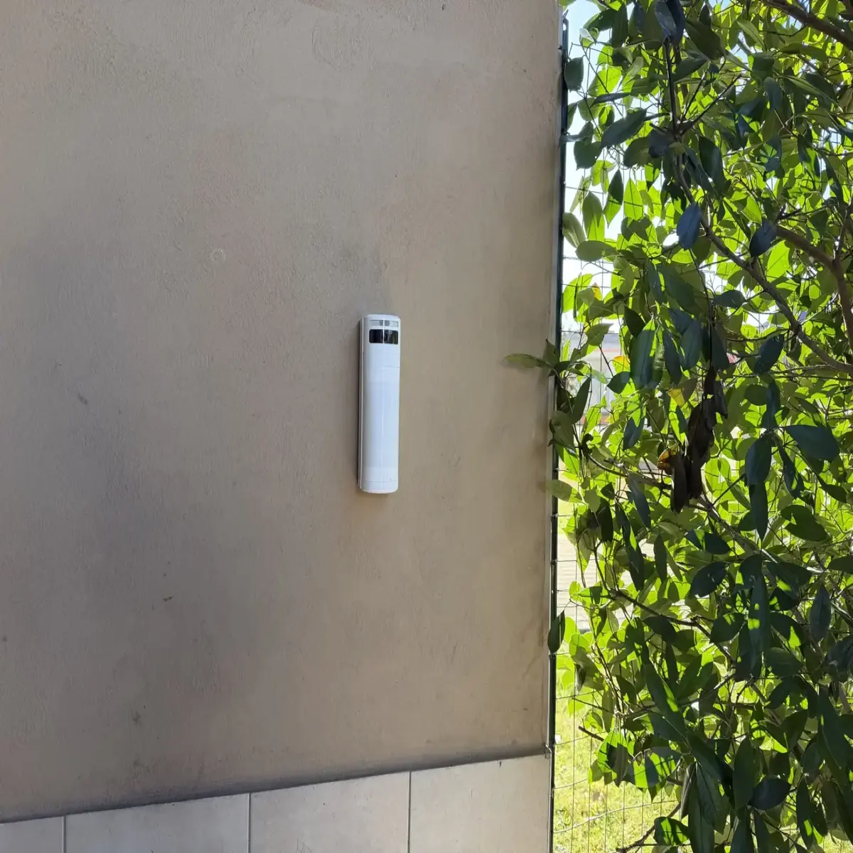 Sensore di movimento bianco montato su parete esterna vicino a una pianta verde con foglie.
