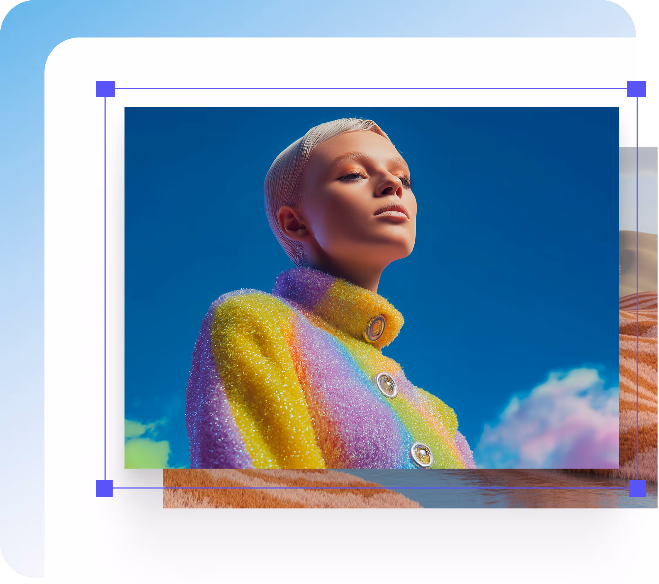 Portrait of a woman with short blonde hair wearing a colorful textured coat against a bright blue sky.