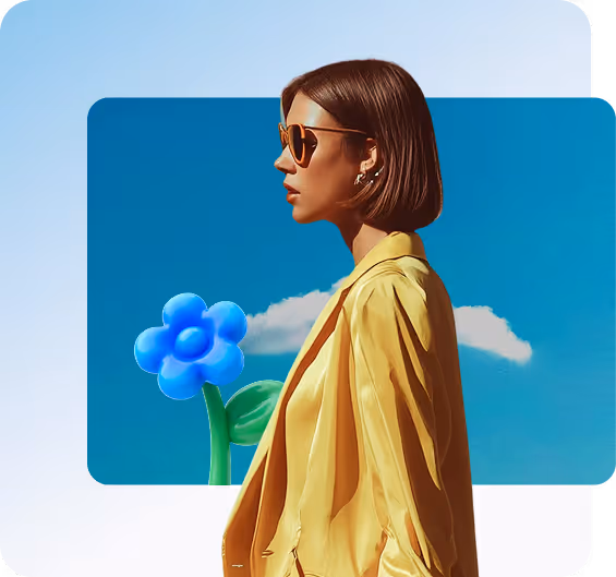 Woman in yellow jacket and sunglasses standing in front of a blue sky with a large blue flower and white cloud in the background.