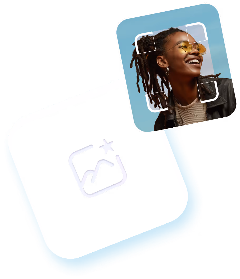 Smiling woman with dreadlocks and yellow-tinted glasses in a rounded square photo frame with focus markers, overlaid on an icon of an image with a star.
