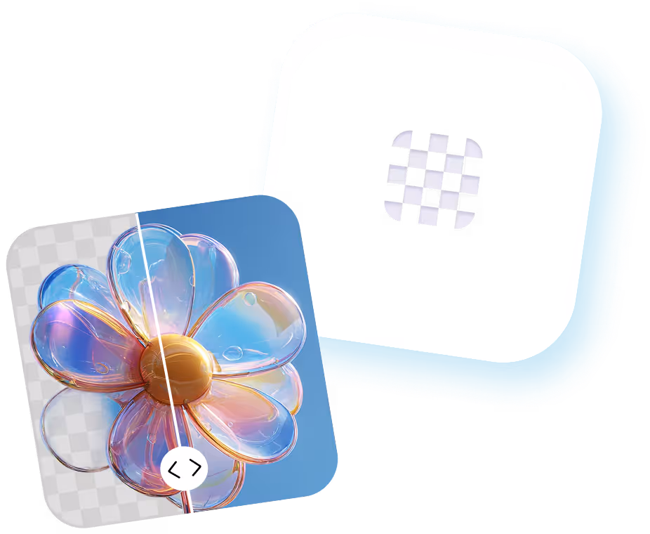A transparent, iridescent flower with shiny petals and a yellow center on a blue background, shown in a before-and-after comparison slider.