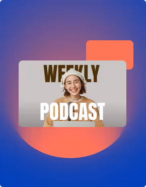 Smiling woman wearing a beige sweater and white beret with text overlay reading Weekly Podcast on a blue and orange abstract background.