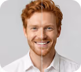 Side-by-side portrait of a smiling red-haired man showing before and after image enhancement.