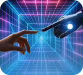 Human hand and robotic hand reaching out to touch each other within a neon-lit futuristic grid tunnel.