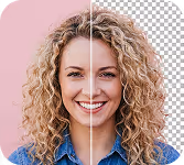 Smiling woman with curly blonde hair shown in a split image comparing two different lighting or editing effects.