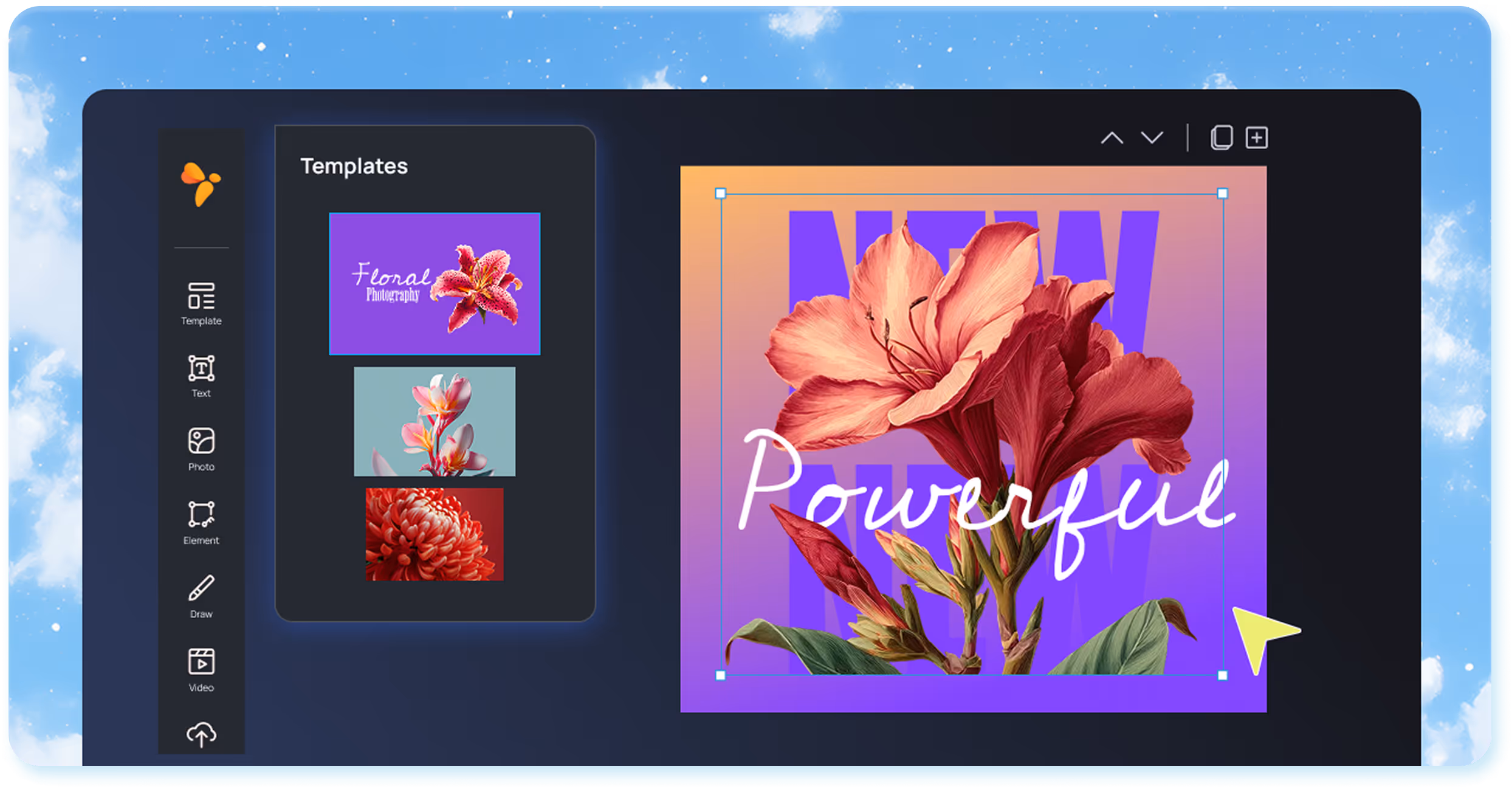 Graphic design software interface showing a floral template with the word 'Powerful' over a red flower on a purple gradient background.