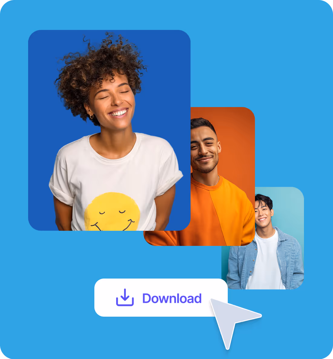 Three smiling young adults layered in rounded squares with a download button and cursor on a blue background.