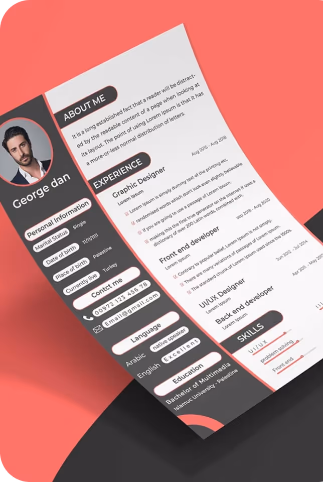Resume for George Dan with personal information, experience in graphic design, front end and UI/UX development, skills, and education, displayed on a red and black background.