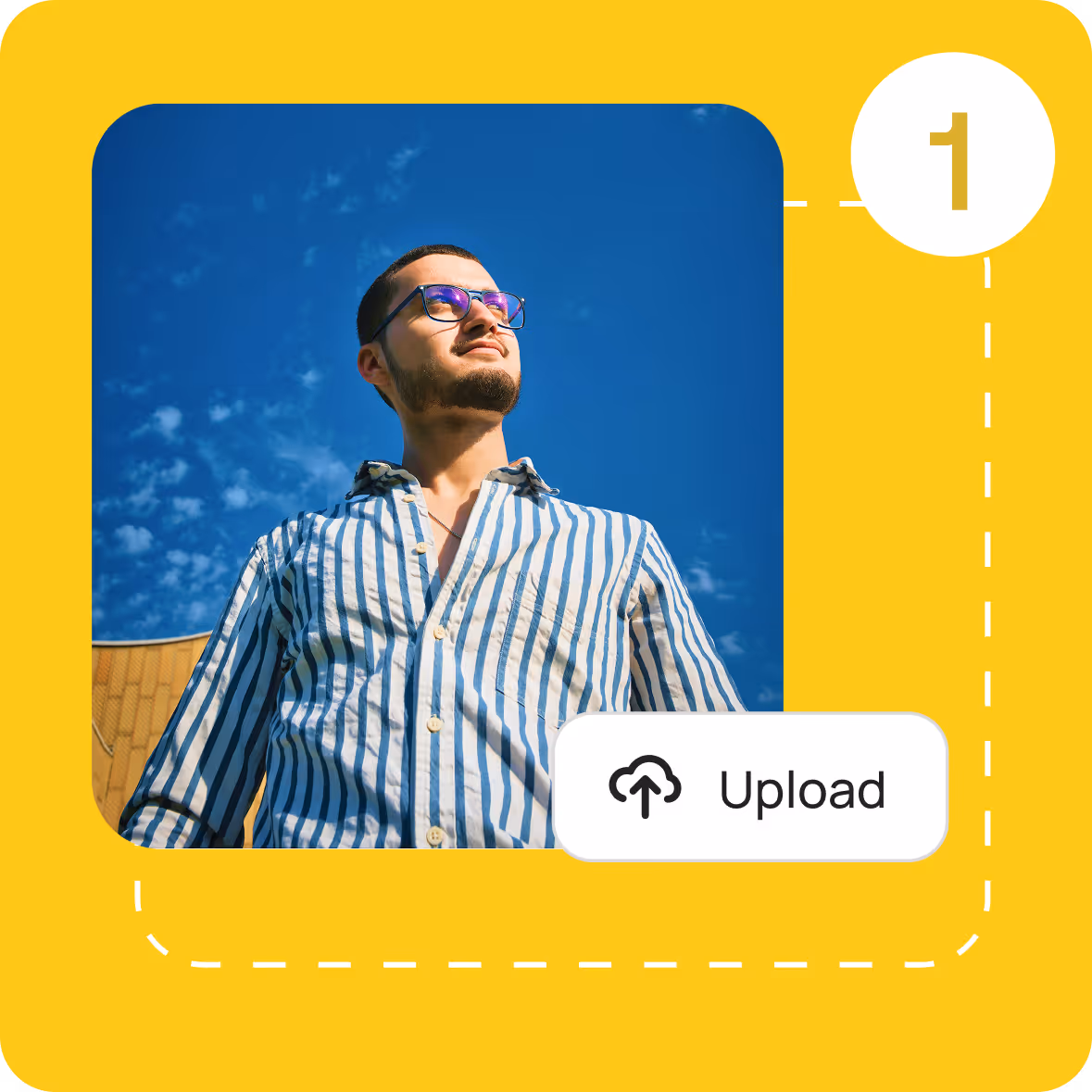 Young man wearing glasses and a striped shirt looking confidently into the distance under a clear blue sky.