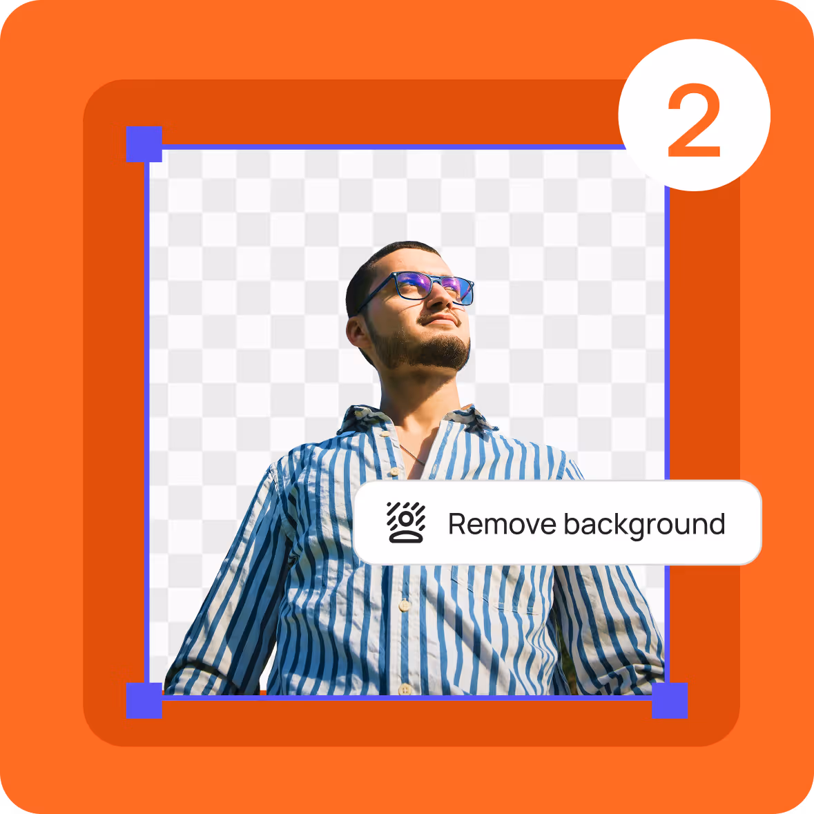 Man wearing blue striped shirt and glasses with background removed on orange interface.