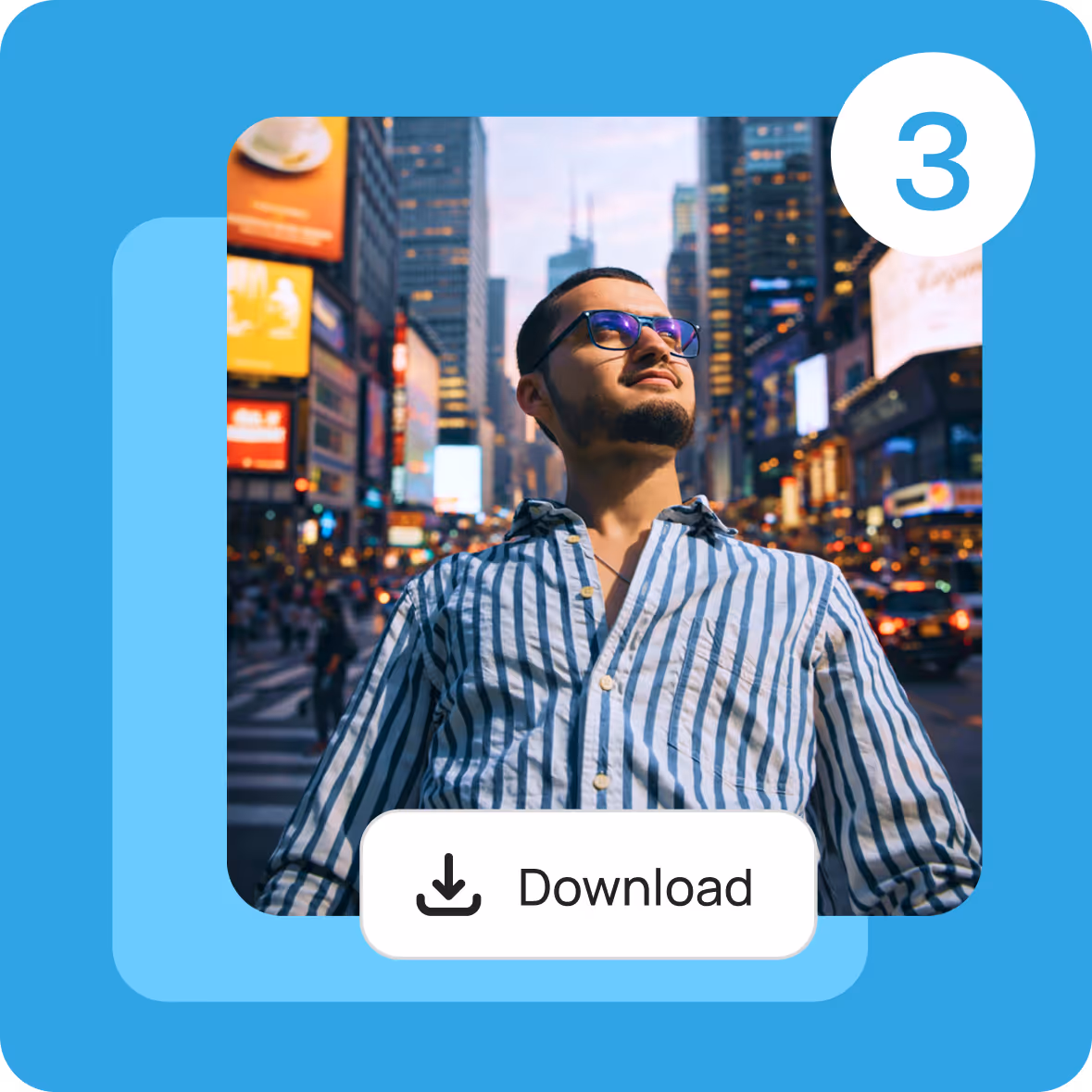 Man in striped shirt and glasses looking up confidently in a busy urban street at dusk.